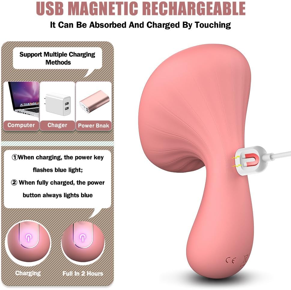 Pink USB magnetic rechargeable device with charging instructions on a white background