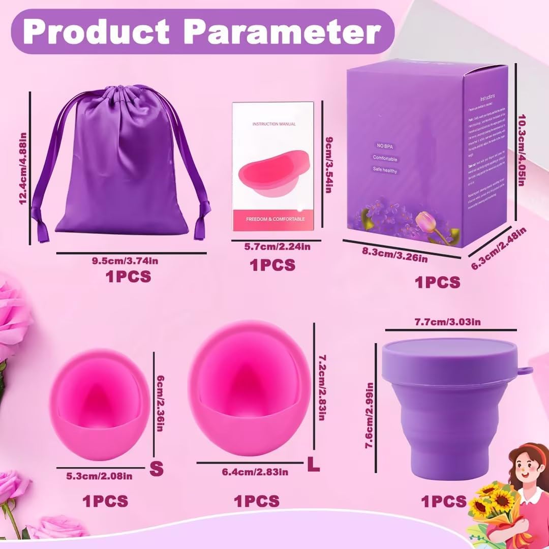 Reusable Menstrual Disc Set with 1 Menstrual Disc S + 1 Menstrual Disc L + Folding Cup + Storage Bag + Manual