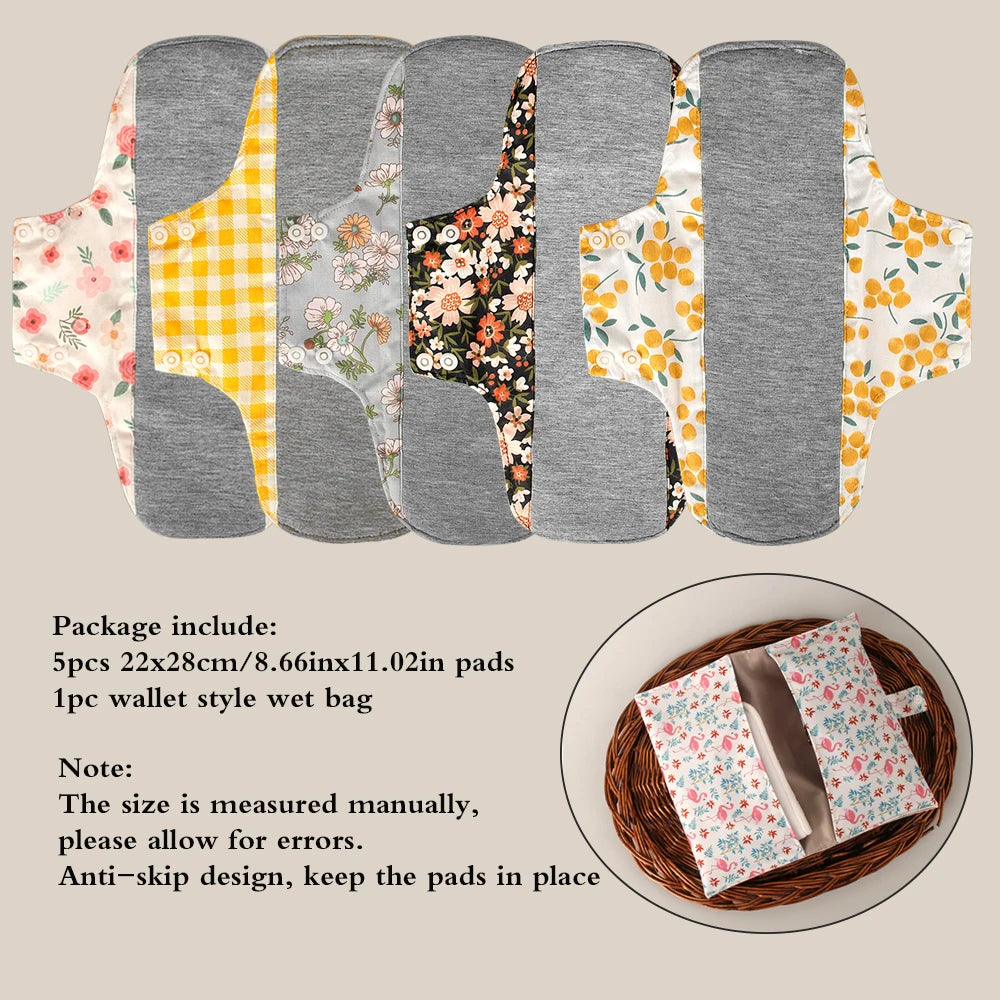 5pcs Anti-Slip Sanitary Pads Graphene Lining Cotton Fabric Breathable Washable Sanitary Napkins for Women Period with Wet Bag