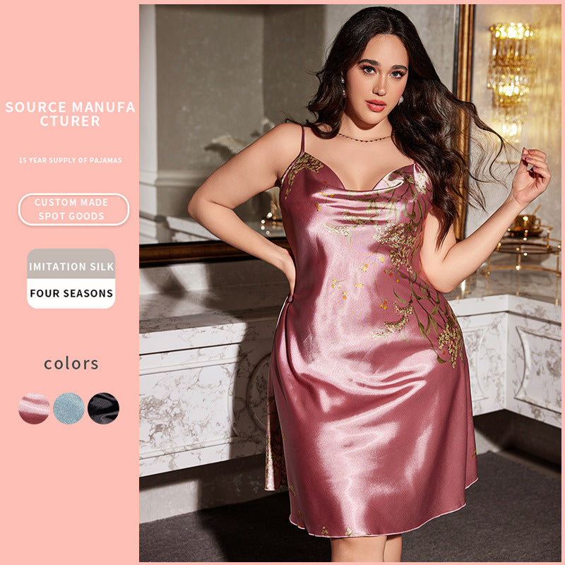 Spaghetti Strap Sleeveless Silk Slip Dress Solid Color Pajamas Plus Size