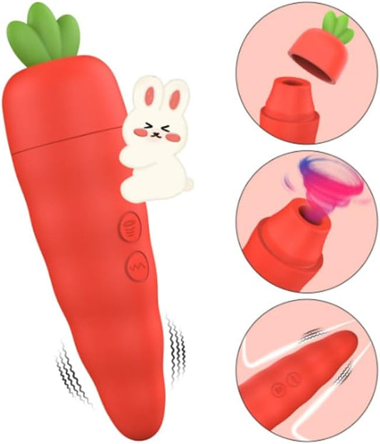 Red carrot-shaped toy with a white rabbit figure and close-up details on a white background