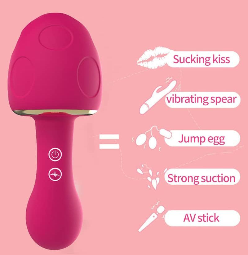 Pink handheld device with five functions labeled on a pink background