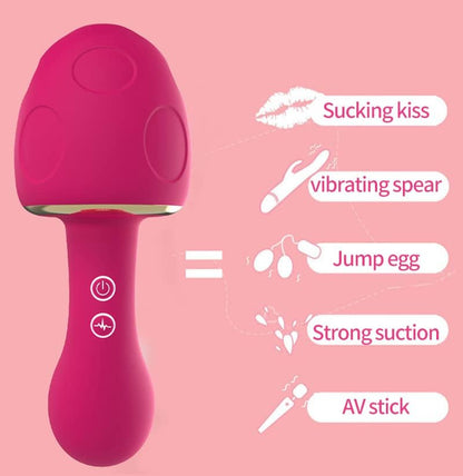 Pink handheld device with five functions labeled on a pink background