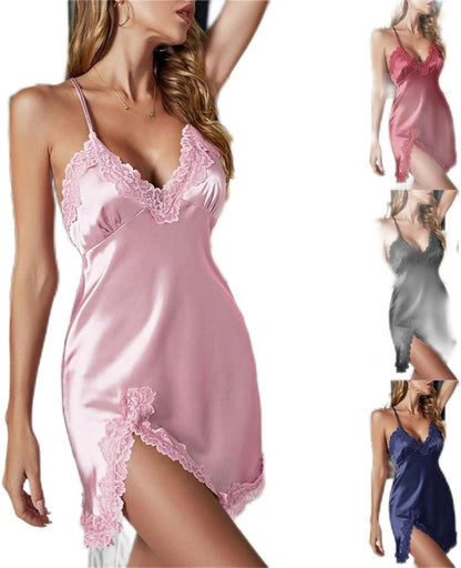 Pijama de satén para mujer, pijama de encaje sin espalda, cuello en V y tirantes.