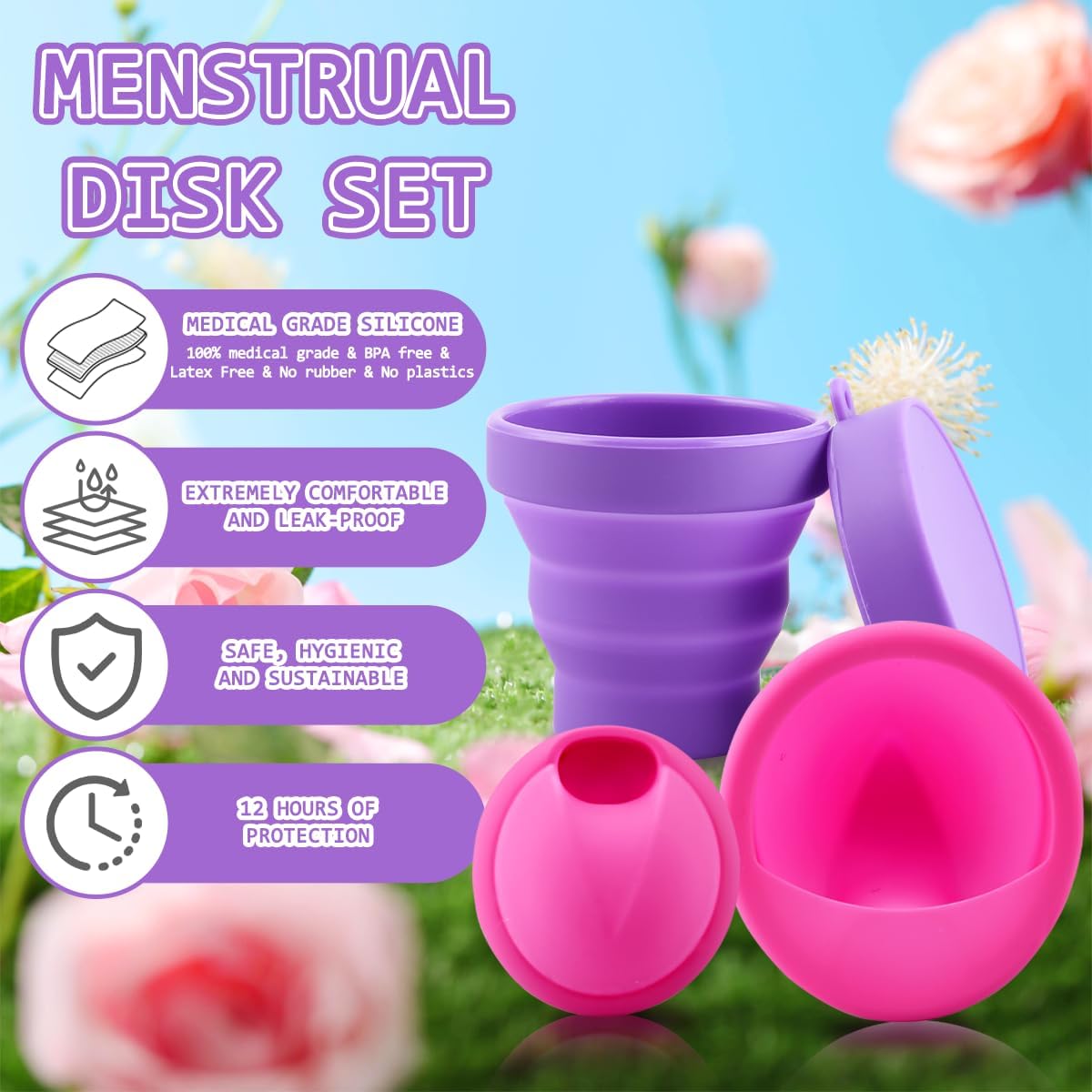 Reusable Menstrual Disc Set with 1 Menstrual Disc S + 1 Menstrual Disc L + Folding Cup + Storage Bag + Manual