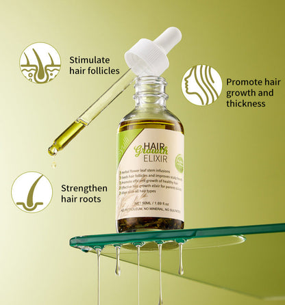 Hair elixir bottle with dropper on a green background, promoting hair thickness and growth.