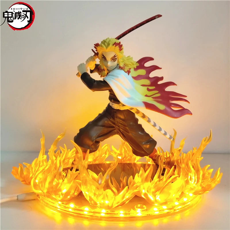 Anime Figures Demon Slayer Rengoku Kyoujurou Fire Led Scene DIY PVC Action Figure Toy 21cm Kimetsu no Yaiba Figurine Kids Doll