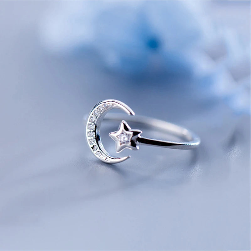 Sterling Silver Moon and Star Open Ring