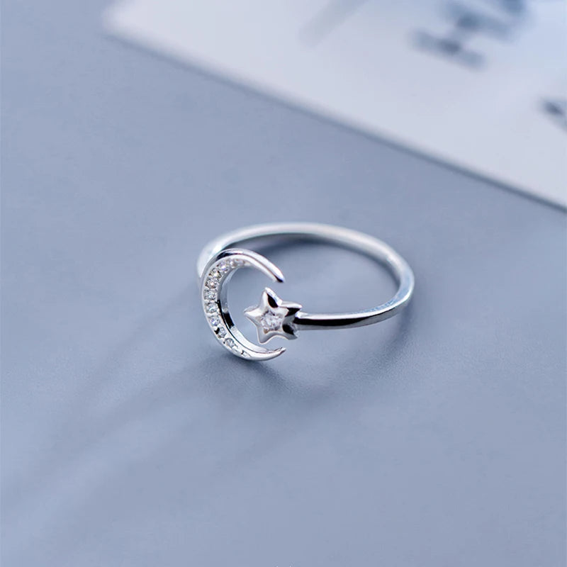Sterling Silver Moon and Star Open Ring