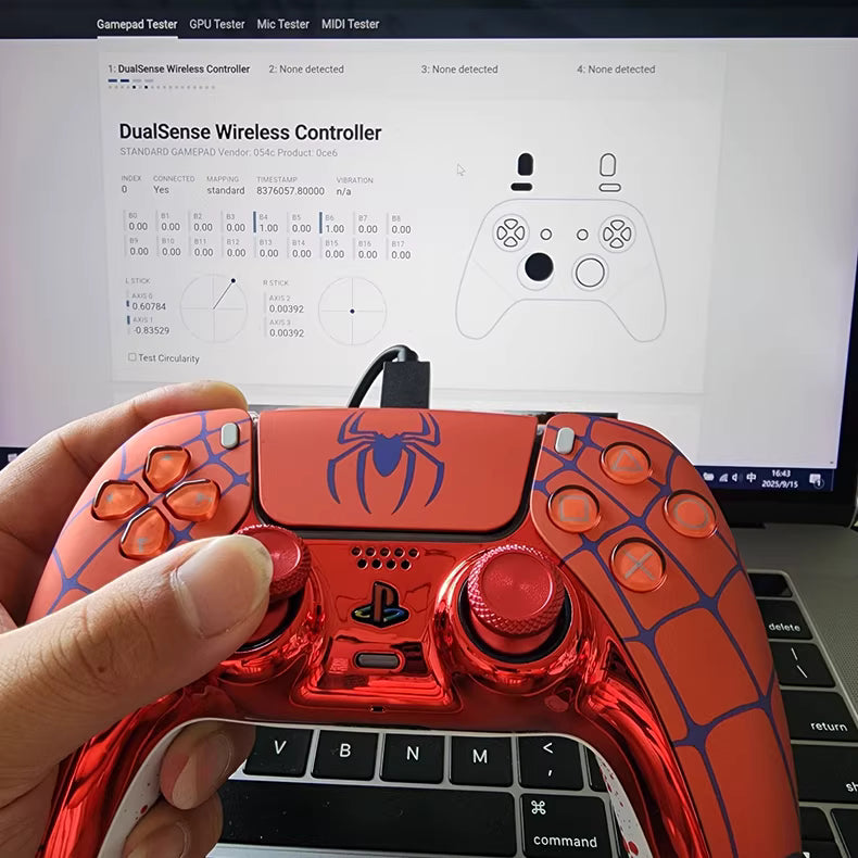 Sony original PS5 game controller modified and upgraded with Hall TMR joysticks: Flame Spider edition.