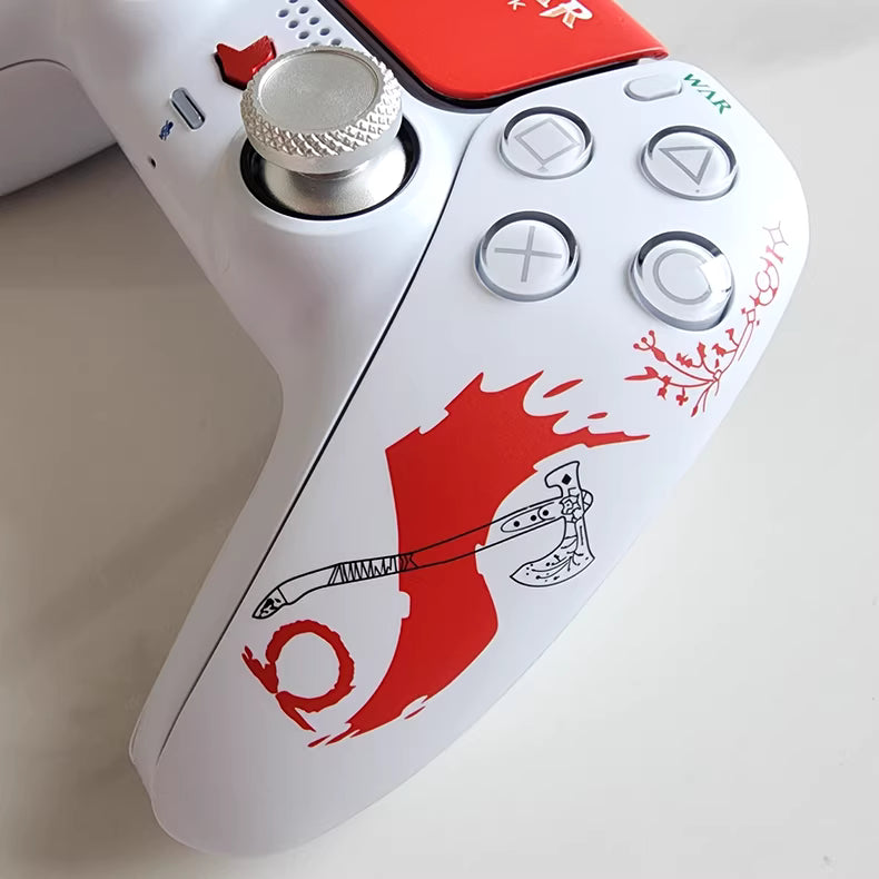 Sony PS5 original game controller modified and upgraded with Hall effect TMR joysticks: Blood Red God of War edition.