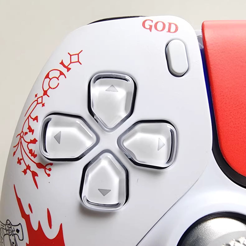 Sony PS5 original game controller modified and upgraded with Hall effect TMR joysticks: Blood Red God of War edition.