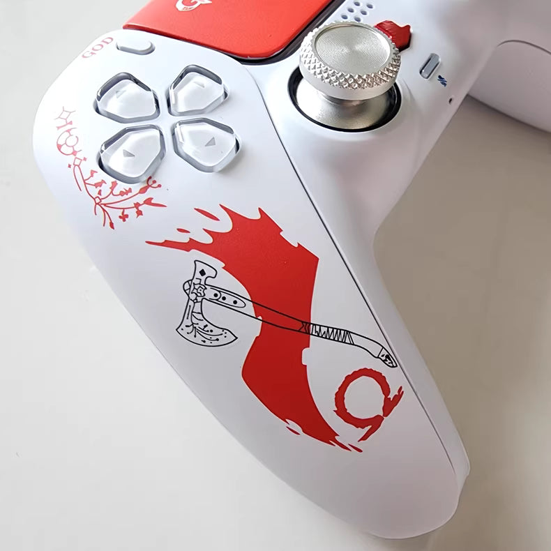 Sony PS5 original game controller modified and upgraded with Hall effect TMR joysticks: Blood Red God of War edition.