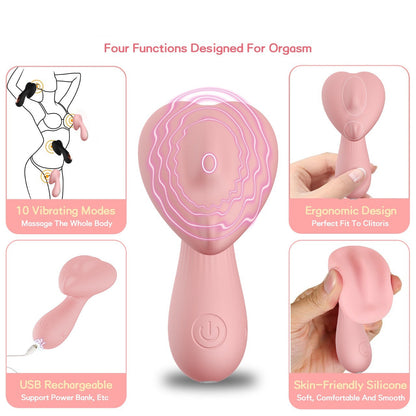 Pink sex toy with features highlighted on a white background