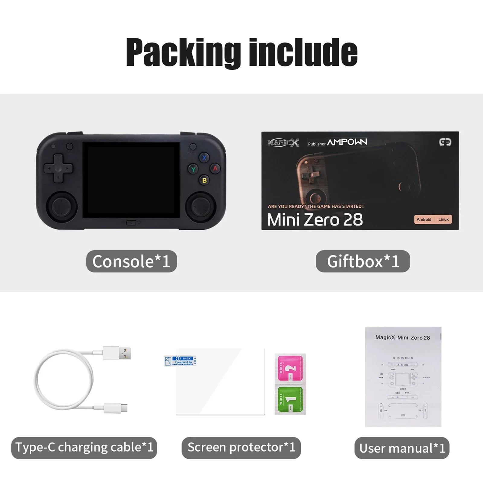 AMPOWN Mini Zero 28 Handheld Game Console 2.8'' IPS Screen AllWinner A133P CPU Android OS Wifi MAGICX ZERO28 Video Player Gifts