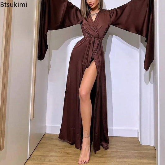 2025 Women's Sexy Long Robes Flare Sleeve Solid Homewear V-neck Tie-up Loose Dress Nightgowns Casual Comfortable Women Sleepwear