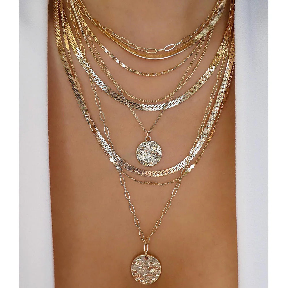 Vintage Gold Color Multiple Styles Necklace For Women Trendy Multi-Layer Disc Pendant  Necklaces New Tendyaces Set Jewelry Gifts