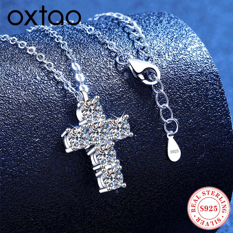 OXTAO Serenity D VVS1 Moissanite Cross Pendant Necklaces for Women Man Sparking Diamond Original 925 Sterling Silver Necklace