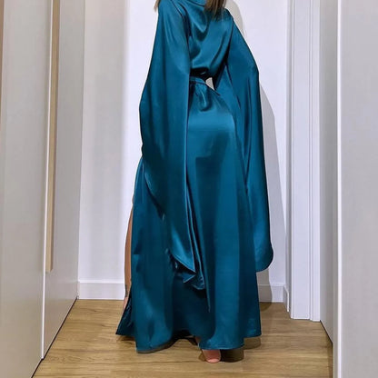 2025 Women's Sexy Long Robes Flare Sleeve Solid Homewear V-neck Tie-up Loose Dress Nightgowns Casual Comfortable Women Sleepwear