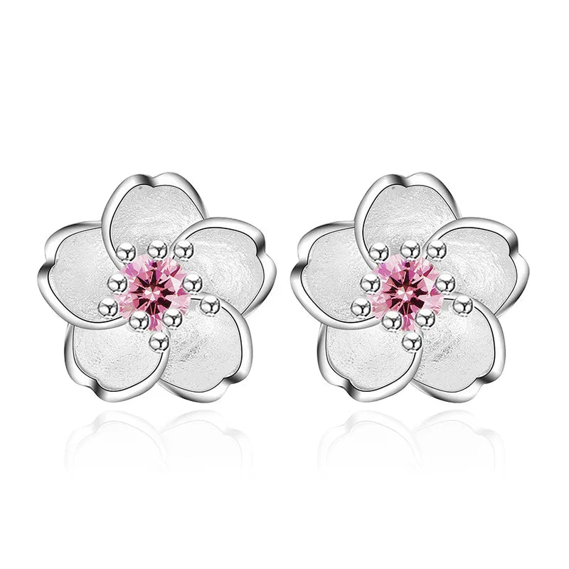 925 Sterling Silver Pink Purple Zircon Flower Small Stud Earrings For Women Wedding Elegant Luxury Jewelry Accessories Wholesale