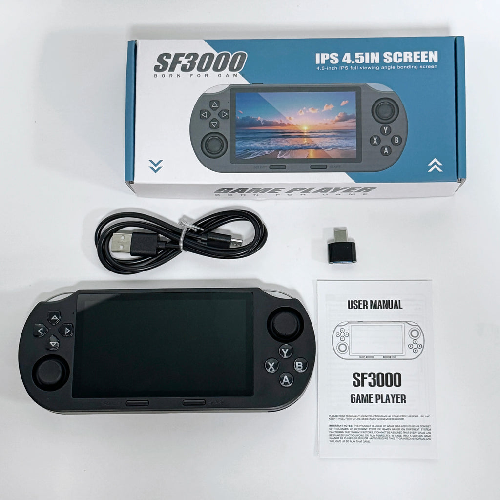 SF3000 handheld game console with a 4.5-inch large screen, supporting e-books, MP4， Music function, built-in 20000+games