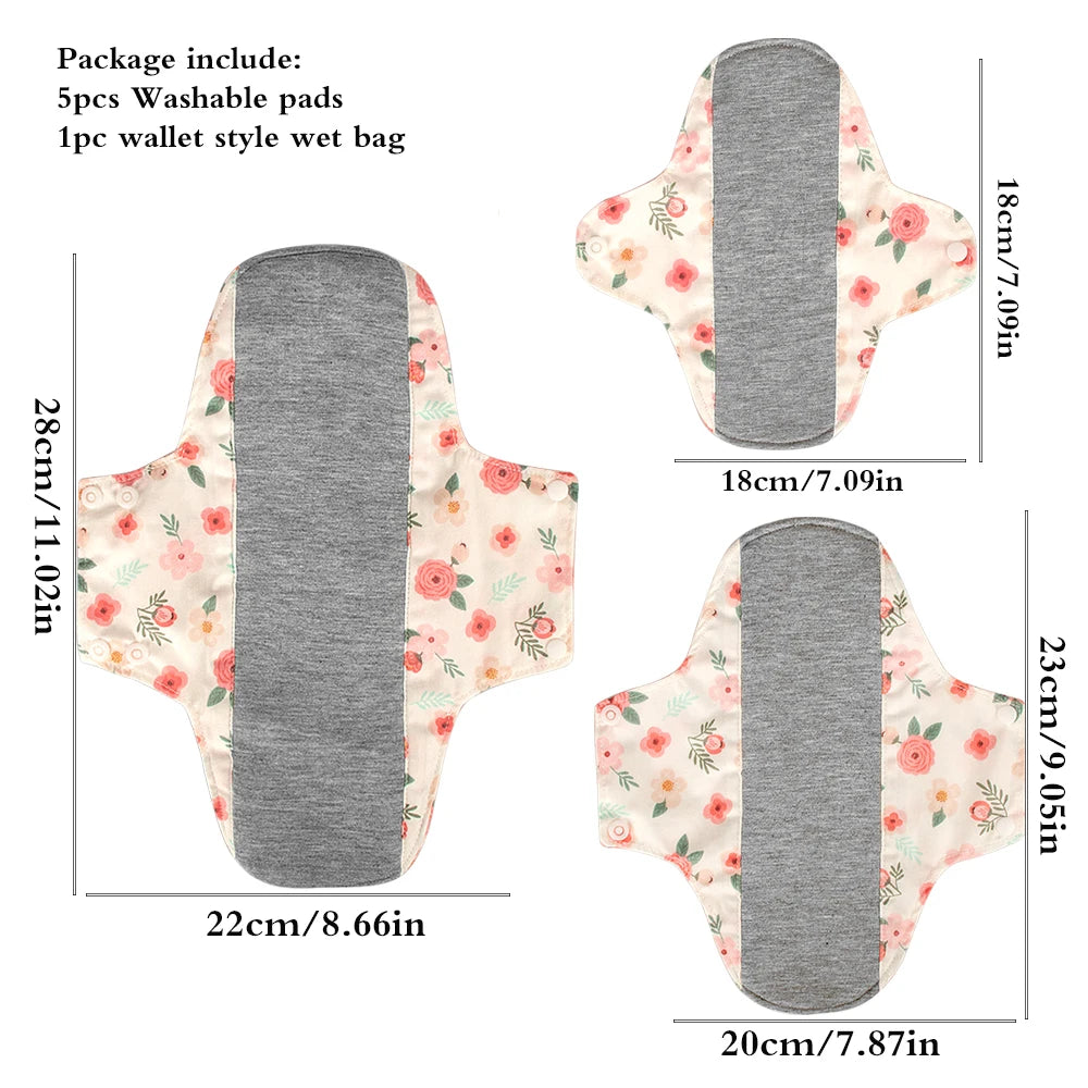5pcs Anti-Slip Sanitary Pads Graphene Lining Cotton Fabric Breathable Washable Sanitary Napkins for Women Period with Wet Bag