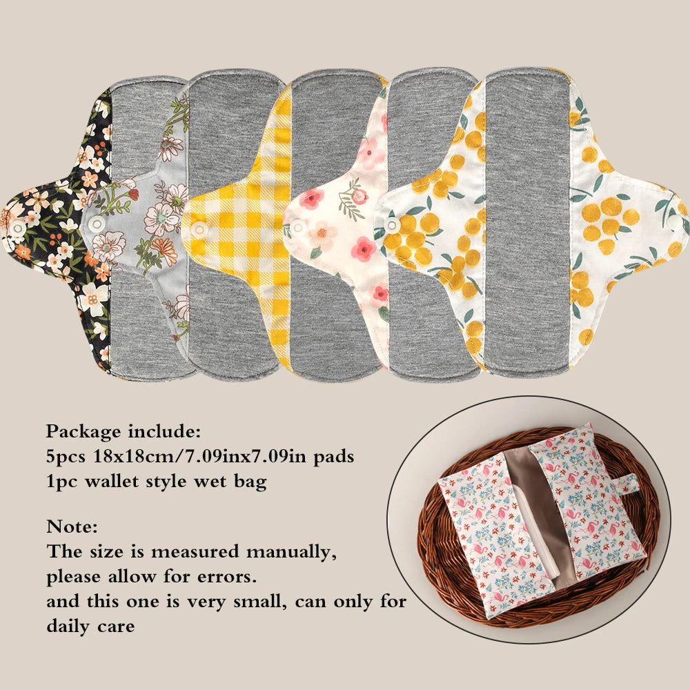 5pcs Anti-Slip Sanitary Pads Graphene Lining Cotton Fabric Breathable Washable Sanitary Napkins for Women Period with Wet Bag