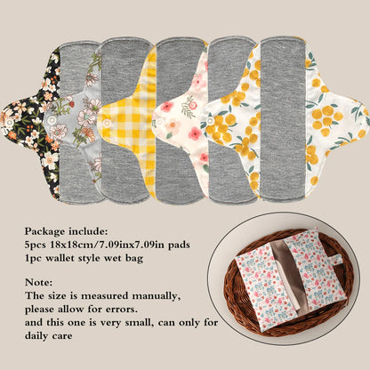 5pcs Anti-Slip Sanitary Pads Graphene Lining Cotton Fabric Breathable Washable Sanitary Napkins for Women Period with Wet Bag