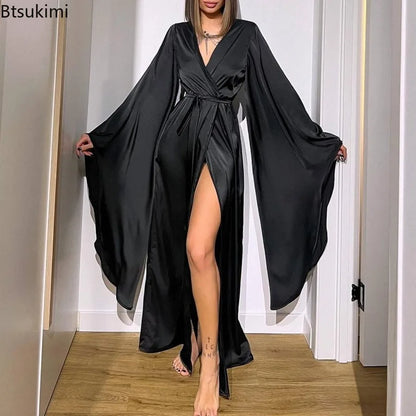 2025 Women's Sexy Long Robes Flare Sleeve Solid Homewear V-neck Tie-up Loose Dress Nightgowns Casual Comfortable Women Sleepwear