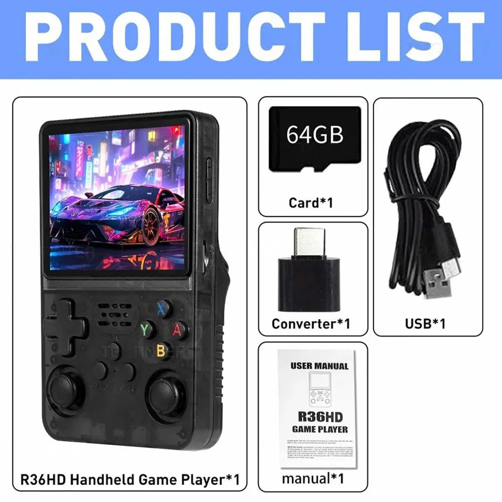 R36HD Handheld Retro Game Console, 1 Count Rechargeable Portable Pocket Game Console with 3.5-inch IPS Screen, Linux System Game