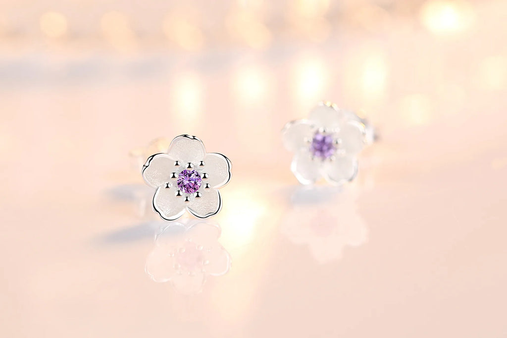 925 Sterling Silver Pink Purple Zircon Flower Small Stud Earrings For Women Wedding Elegant Luxury Jewelry Accessories Wholesale