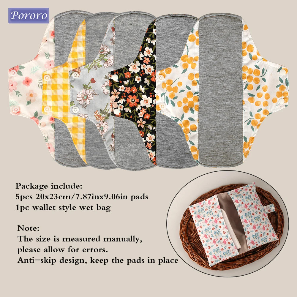 5pcs Anti-Slip Sanitary Pads Graphene Lining Cotton Fabric Breathable Washable Sanitary Napkins for Women Period with Wet Bag