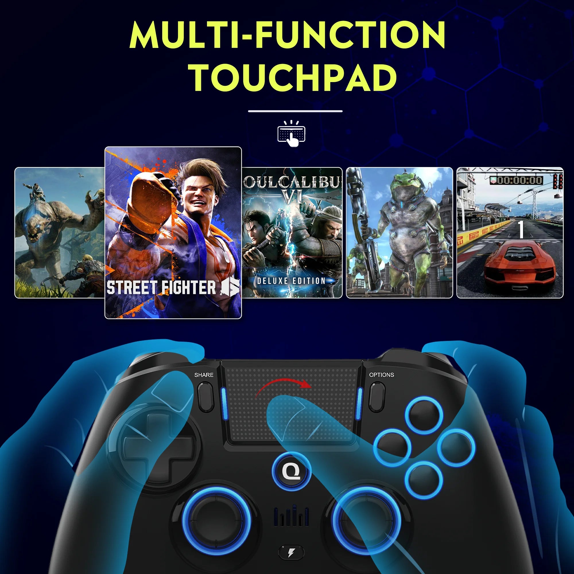 Qrd Spark N5 Wireless Game Controller For PS4 PS3 Hall Effect Vibration Gamepad With 8pcs Silicone Thumb Joystick Grip Cap