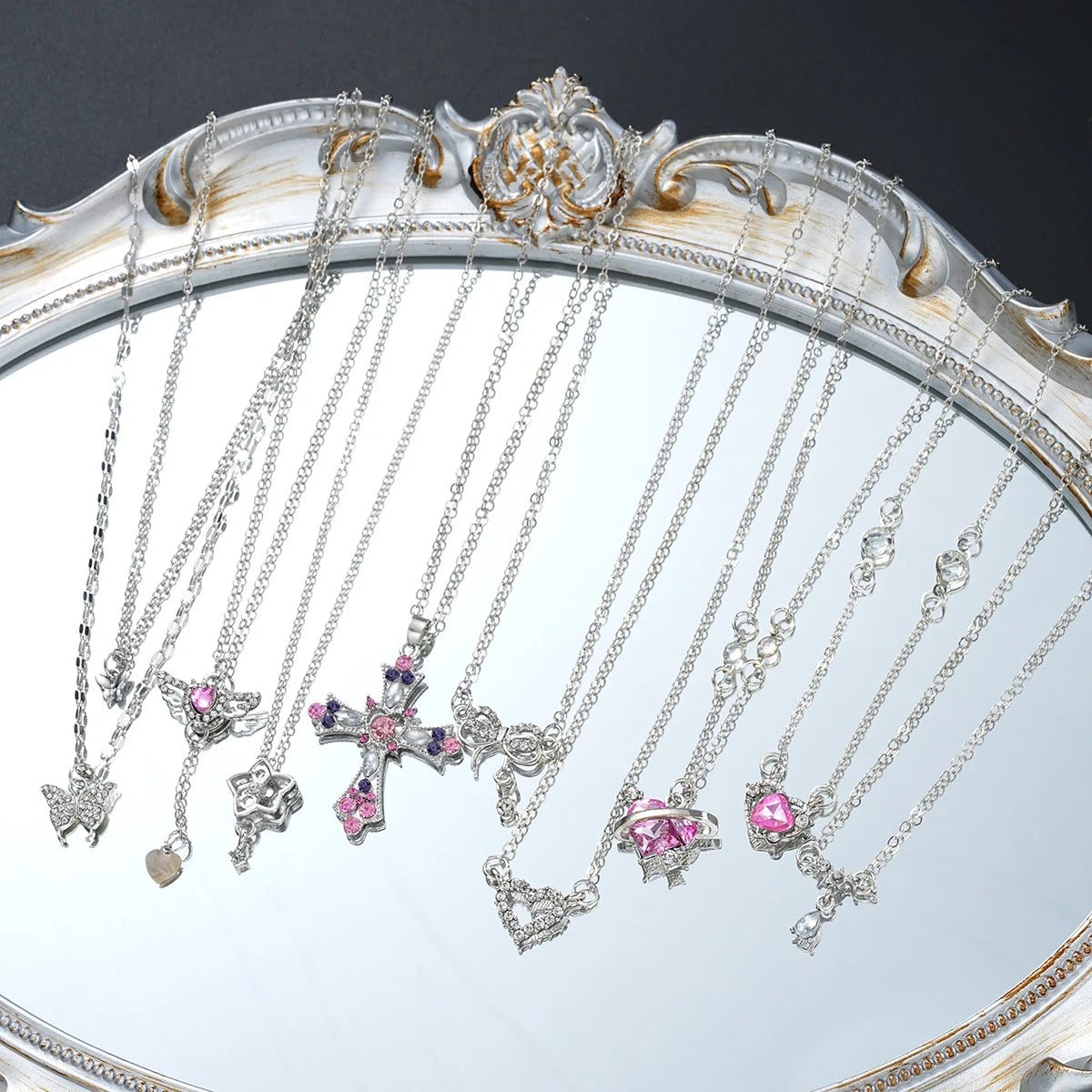 9 Pcs Women's Elegant Zircon Pendants Necklace Set Fashion Pink Color Cross Butterfly Heart Bowknot Necklaces Party Jewelry Gift
