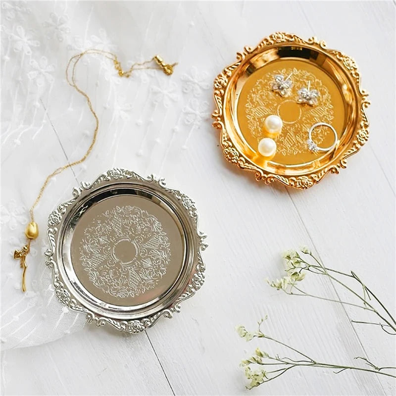 Metal Shell Storage Tray Round Glass Plate Jewelry Dish Earrings Ring Display Tray Fruit Dish Plate Desktop Decor Photo Props