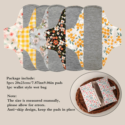 5pcs Anti-Slip Sanitary Pads Graphene Lining Cotton Fabric Breathable Washable Sanitary Napkins for Women Period with Wet Bag