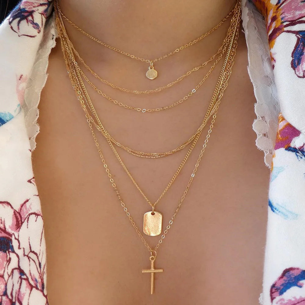 Vintage Gold Color Multiple Styles Necklace For Women Trendy Multi-Layer Disc Pendant  Necklaces New Tendyaces Set Jewelry Gifts