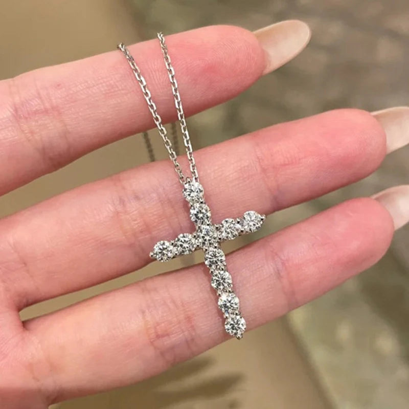 Luxury 2.2CTTW D VVS1 Moissanite Cross Pendant Necklaces for Women Man 100% 925 Sterling Silver Necklace Religious Jewelry