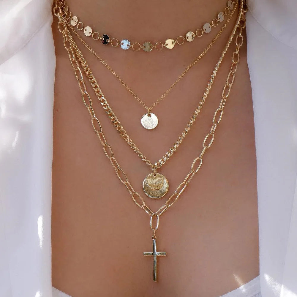 Vintage Gold Color Multiple Styles Necklace For Women Trendy Multi-Layer Disc Pendant  Necklaces New Tendyaces Set Jewelry Gifts