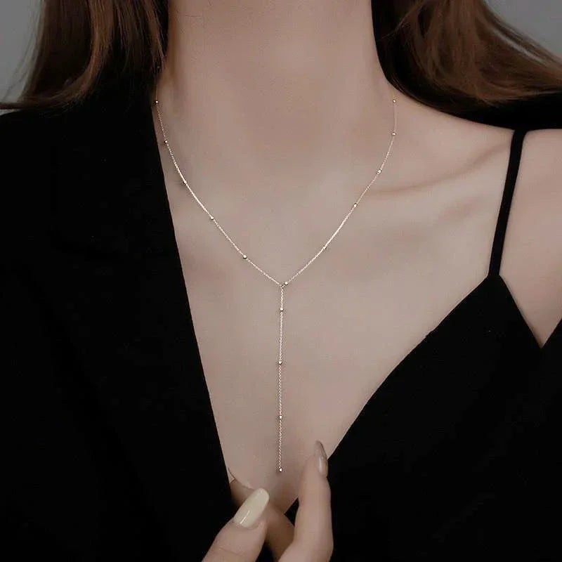 LATS Gold Color Double Layered Long Tassel Chain Necklaces for Women Simple Metal Geometric Bead Choker Necklace Fashion Jewelry