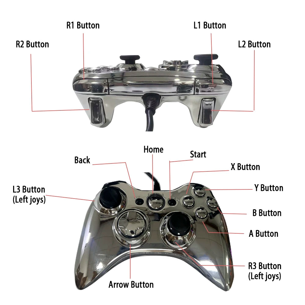 Wired Game Controller with Sleek Electroplated Finish – USB Gaming Peripheral, Compatible with Xbox 360 & PC