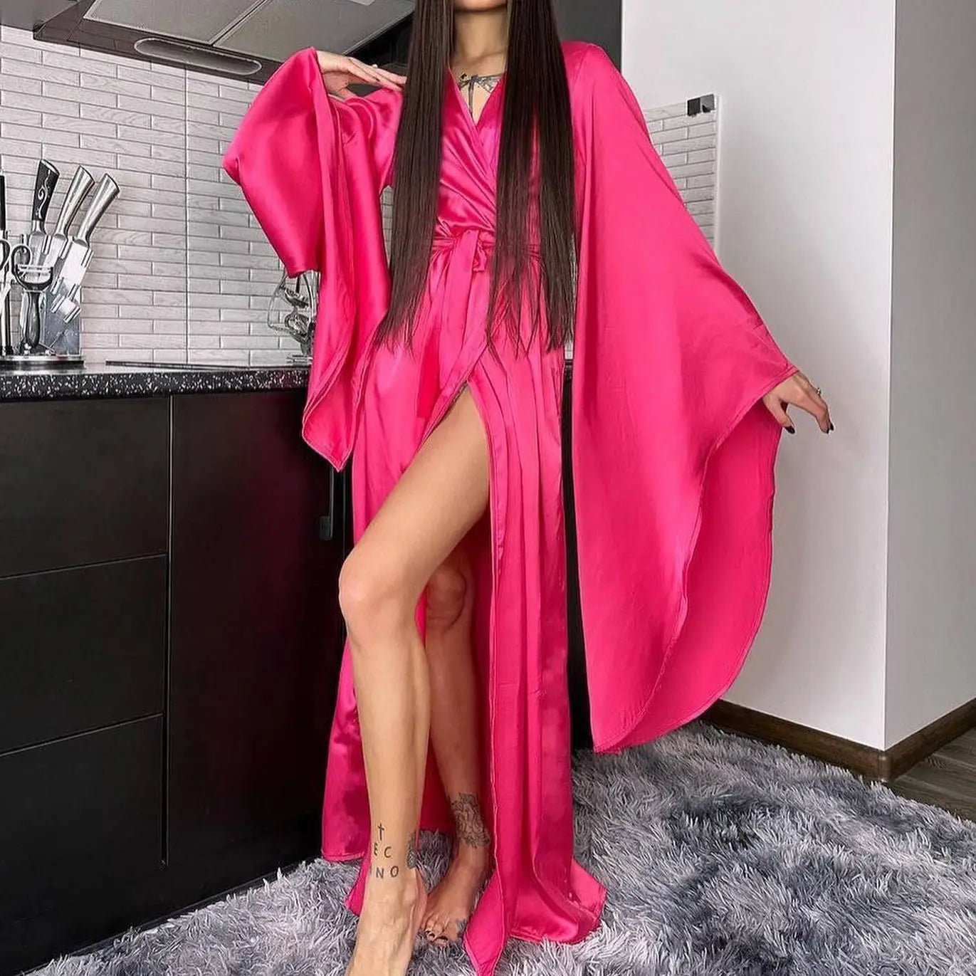 2025 Women's Sexy Long Robes Flare Sleeve Solid Homewear V-neck Tie-up Loose Dress Nightgowns Casual Comfortable Women Sleepwear