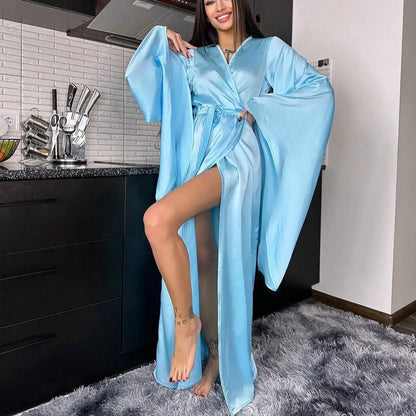 2025 Women's Sexy Long Robes Flare Sleeve Solid Homewear V-neck Tie-up Loose Dress Nightgowns Casual Comfortable Women Sleepwear