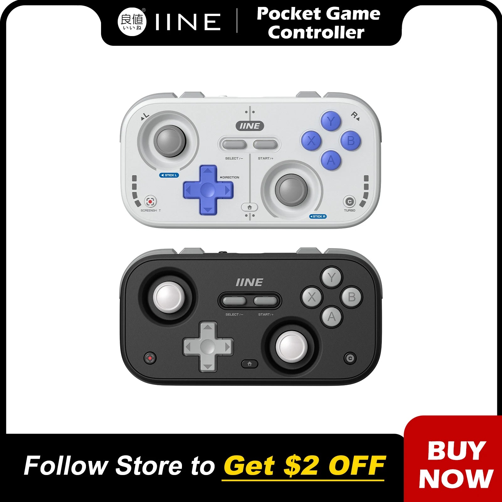 IINE Retro Pocket Game Controller /Compact & Portable Hall Joysticks + 1000Hz Recessed Joystick Designed Customizable Controls