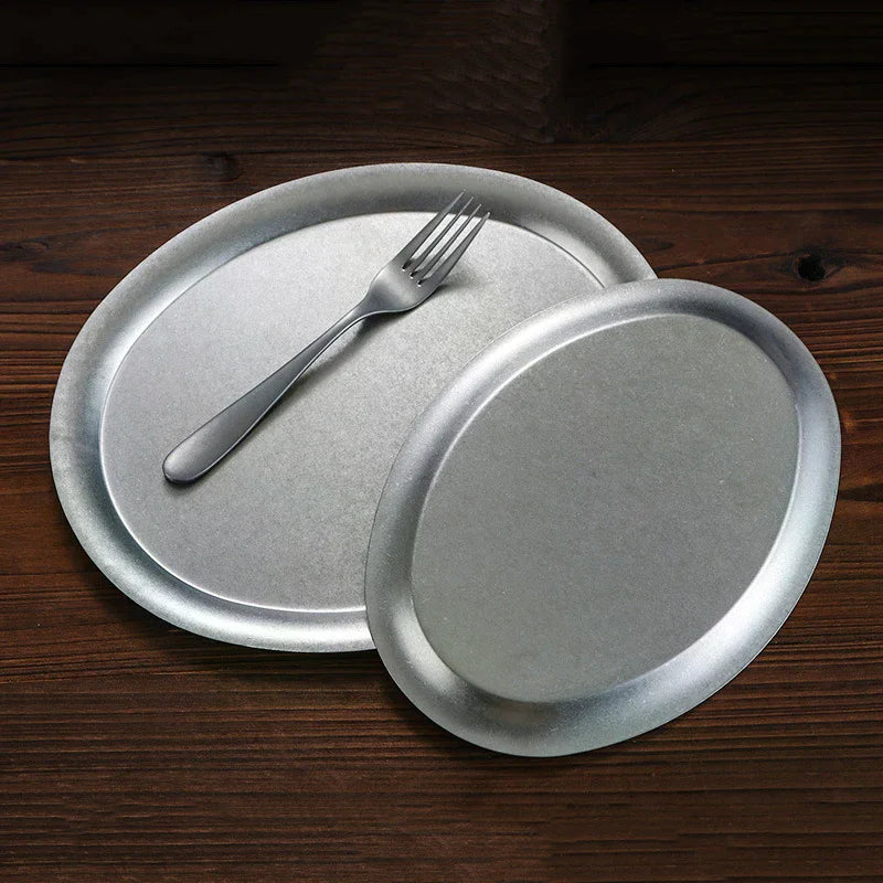 1 Pcs Japanese Vintage Oval 304 Stainless Steel Restaurant Plate Dessert Tray Kitchen Tableware