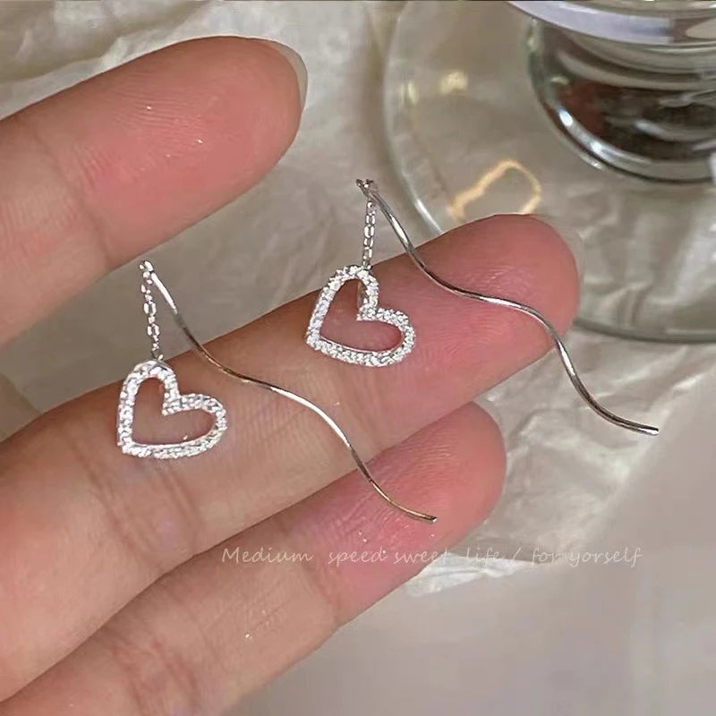 Long Tassel Heart Drop Earrings Gold Silver Color 2022 Korean Hanging Women Earrings Fashion Party Jewelry Girls Party Gift