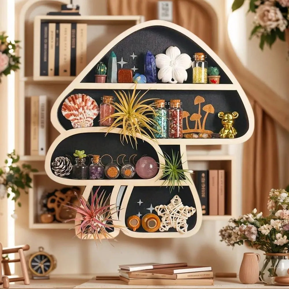 1 Piece Bohemian Wooden Mushroom Wall Stand with Crystal and Essential Oil Display - Black Mushroom-Shaped Storage Box, Can Store Rock, Gem and Meditation Decoration, Perfect for Spiritual Gifts, Wall-Mounted Storage | Art Di