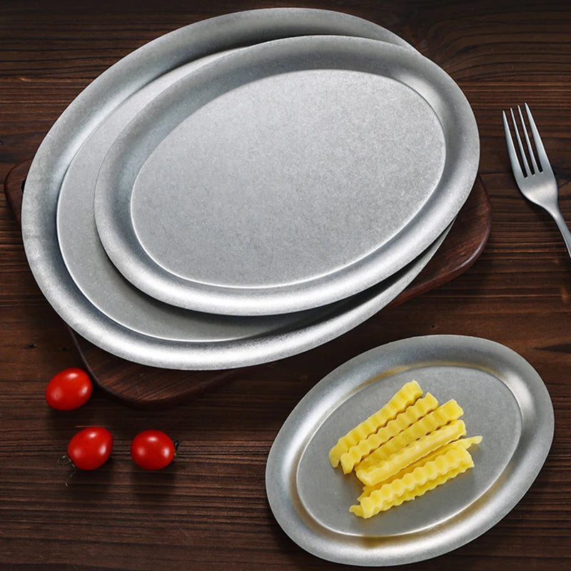 1 Pcs Japanese Vintage Oval 304 Stainless Steel Restaurant Plate Dessert Tray Kitchen Tableware
