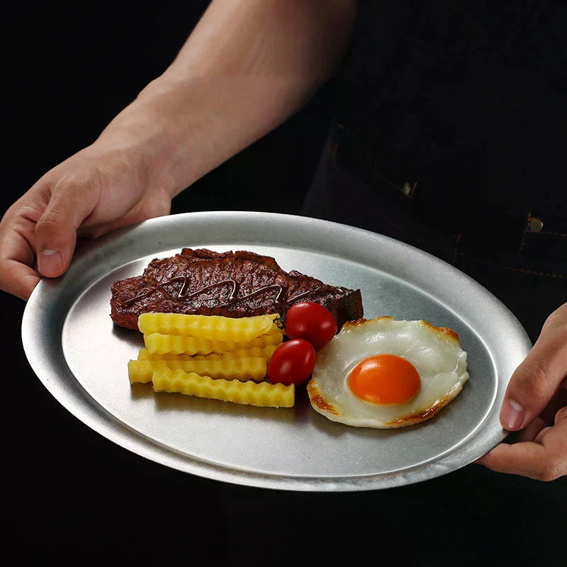 1 Pcs Japanese Vintage Oval 304 Stainless Steel Restaurant Plate Dessert Tray Kitchen Tableware