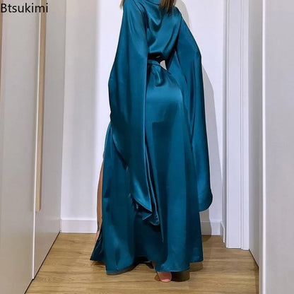 2025 Women's Sexy Long Robes Flare Sleeve Solid Homewear V-neck Tie-up Loose Dress Nightgowns Casual Comfortable Women Sleepwear